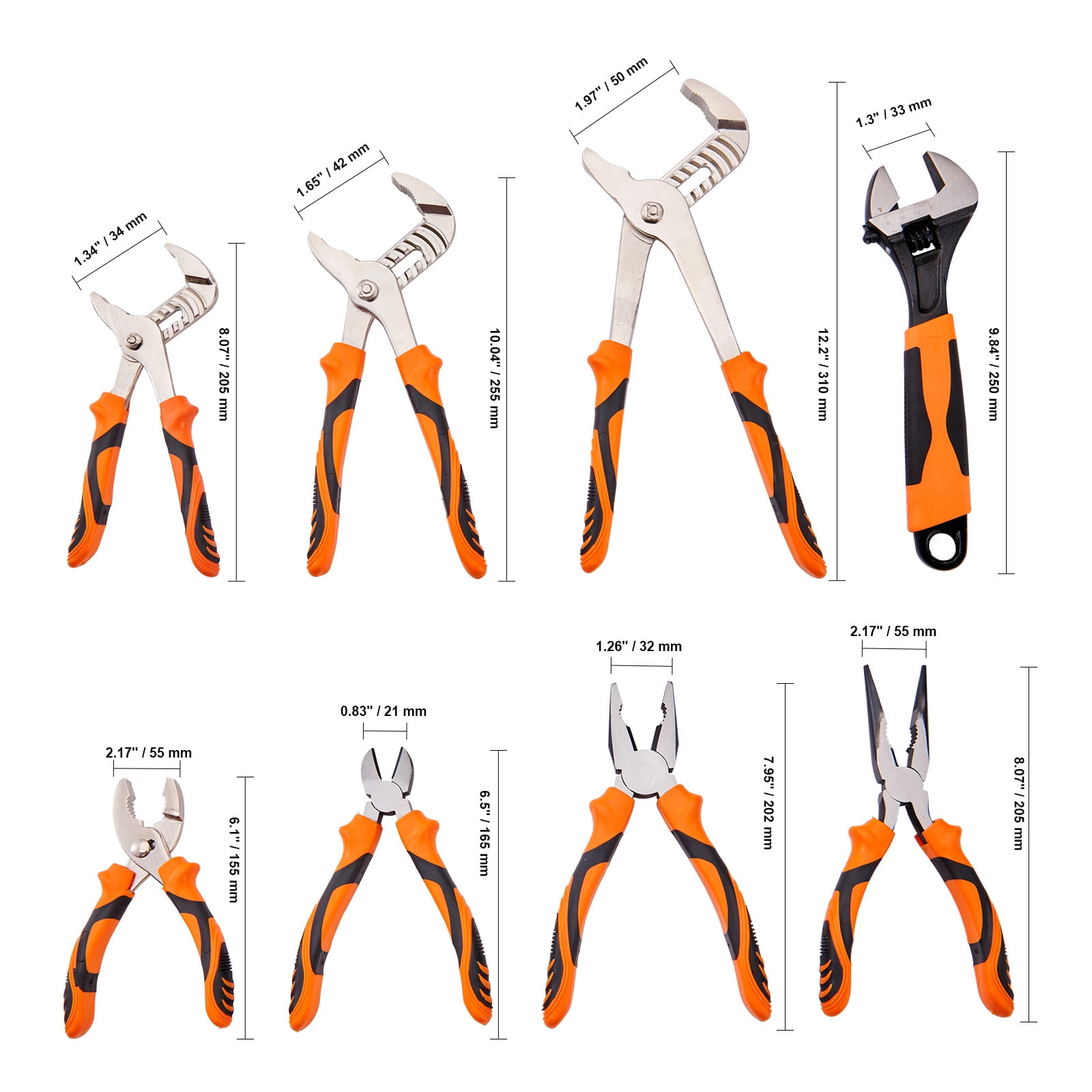 The KFFKFF Pliers Set includes 8 pieces of Groove Joint Pliers made from High Carbon Steel, with sizes ranging from 6" to 12" (including 6", 8", 10", and 12" models).