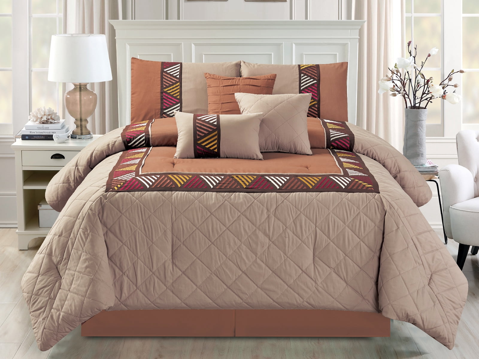 7Pc Quilted Diamond Chic Southwest Embroidery Comforter Set Beige