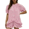 thumbnail image 2 of adviicd Womens 2 Piece Ruffle Pajama Set Gingham Pjs Short Sleeve Babydoll Shirt and Shorts Plaid Sleepwear Outfits (Pink, M), 2 of 7