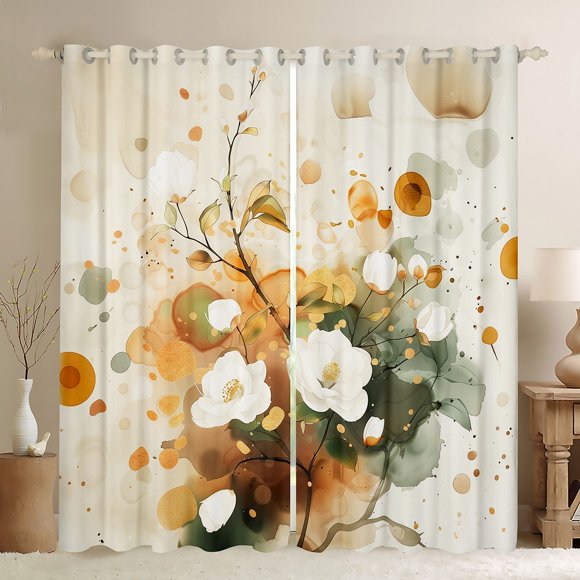 Feelyou White Floral Flower Curtains Pack of 2 (42x84 Each), Chinese Style Ink Curtains Blackout, Vintage Fashion Bedroom Curtains, Window Curtains Room Decor