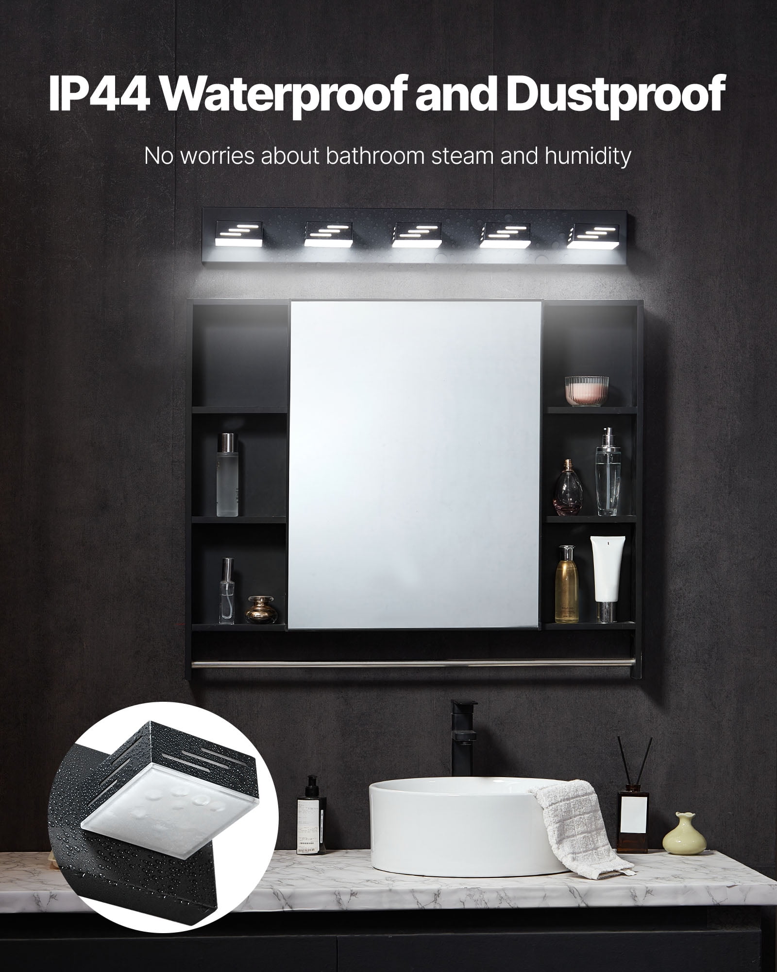 VEVOR 5-Light LED Modern Vanity Light Fixtures,33.46-Inch,Black Finish Bathroom Wall Lighting Fixture Over Mirror, with IP44 Waterproof, for Bathroom, Living Room, Bedroom, Hallway, Cool White 6000K