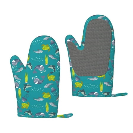 

Zeuib Cute Shark Turtle Print Oven Mitts Oven Gloves with Non-Slip Silicone Heat and Slip Resistant Cooking Mitt Set for Cooking and Baking (2 Count)