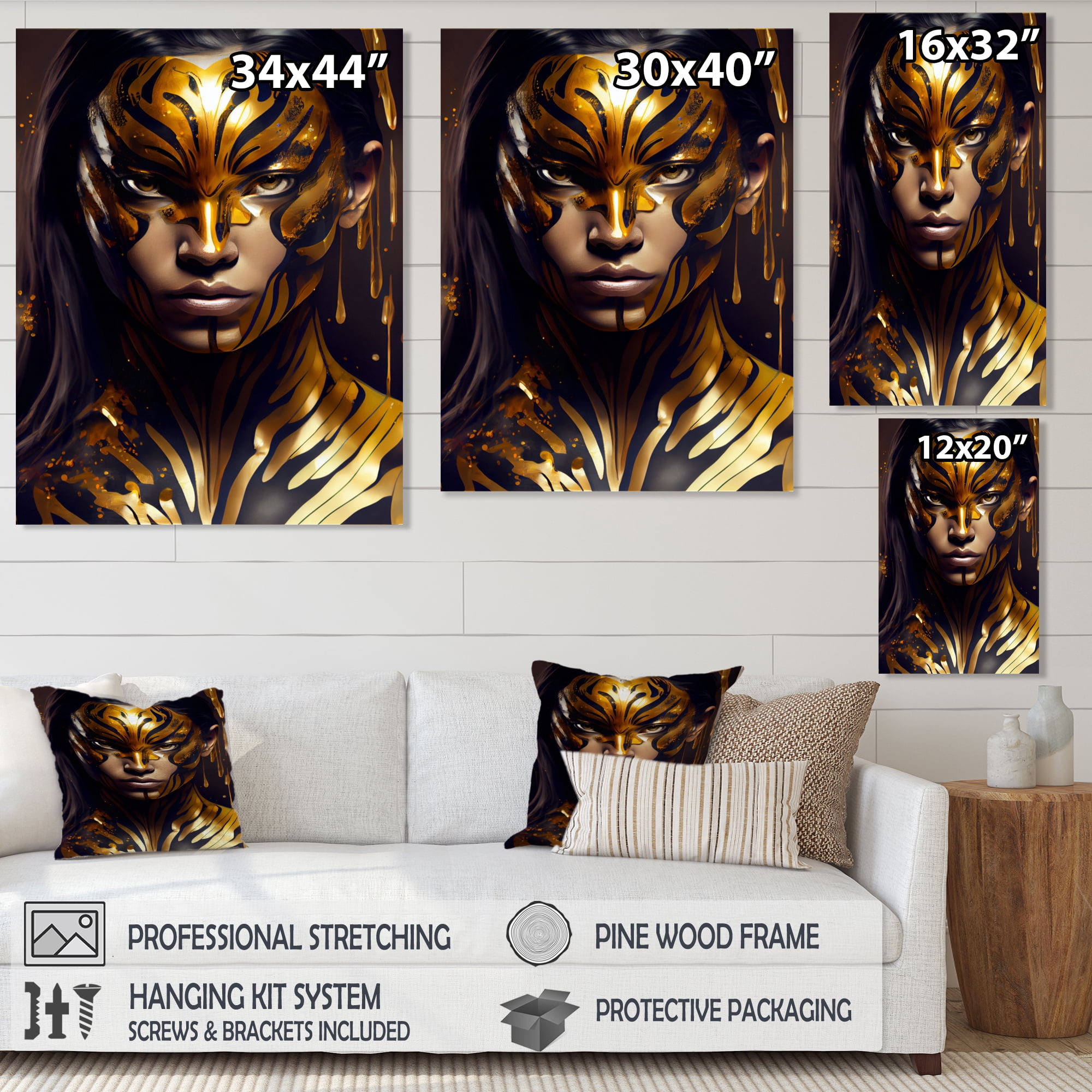 Designart Black And Gold Tiger Woman V Canvas Wall Art
