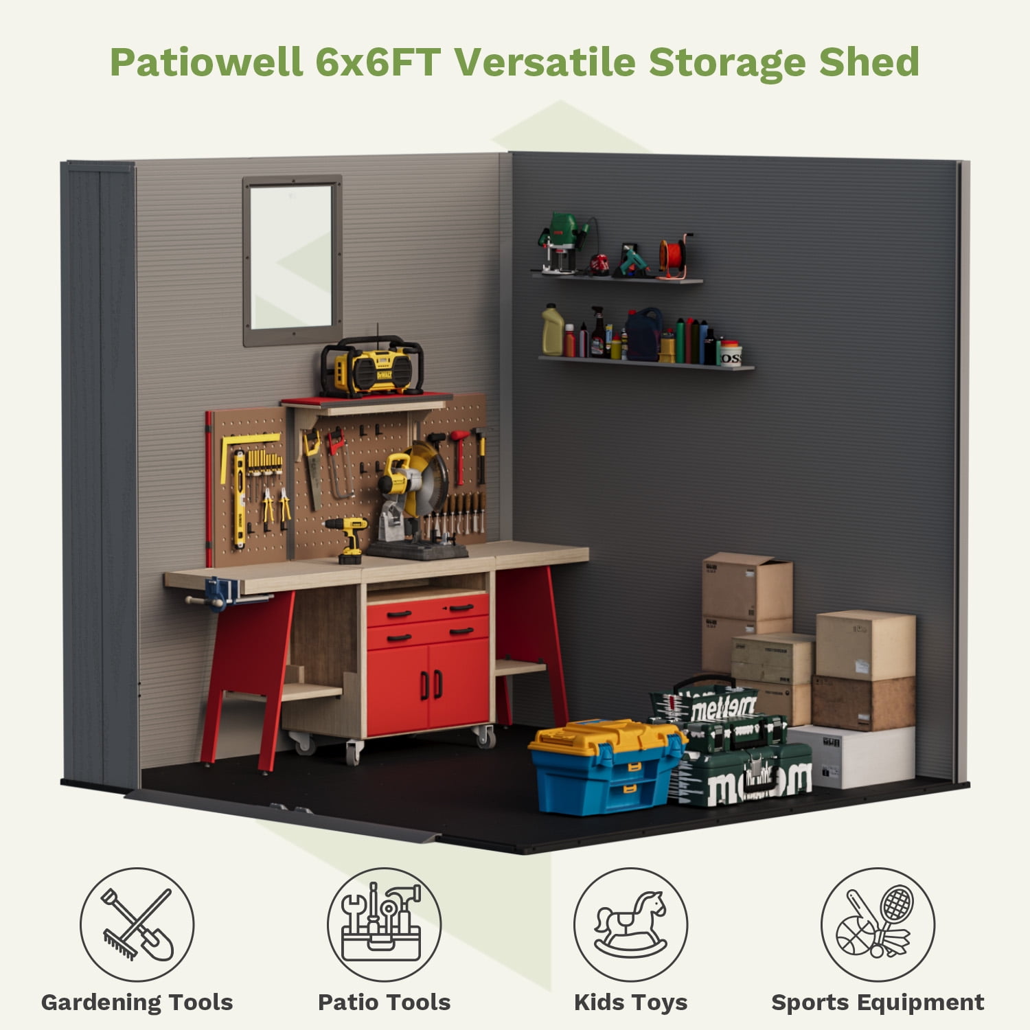 Patiowell 6'x6' Resin Storage Shed, Lockable Door & Window, Durable All-Weather Outdoor Shed for Garden & Tool Storage, Dark Gray