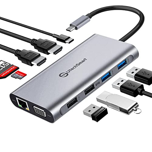 Open Box UTECHSMART USB C HUB TRIPLE DISPLAY USB C LAPTOP DOCKING STATION 11 IN 1 - GRAY