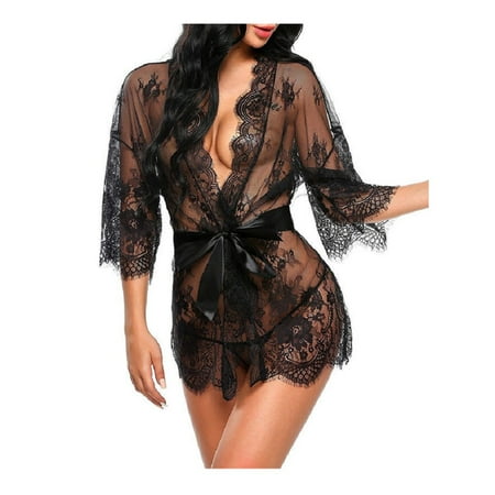 

Sunisery Women s Sexy Lingerie Lace Underwear Deep V-neck Sleepwear Robe+G-string Nightwear Babydoll Erotic Night Dress