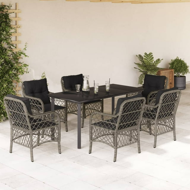 vidaXL 7 Piece Garden Dining Set with Cushions Grey Poly Rattan