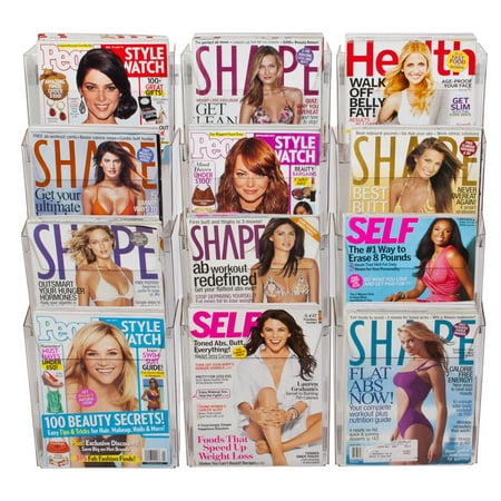12 Pocket Display Rack - Clear Acrylic Wall Mounted 12 Pocket Magazine Rack Displays 8-1/2-Inch Wide Materials, Tiered, Frameless Design (RM9HF3COL)