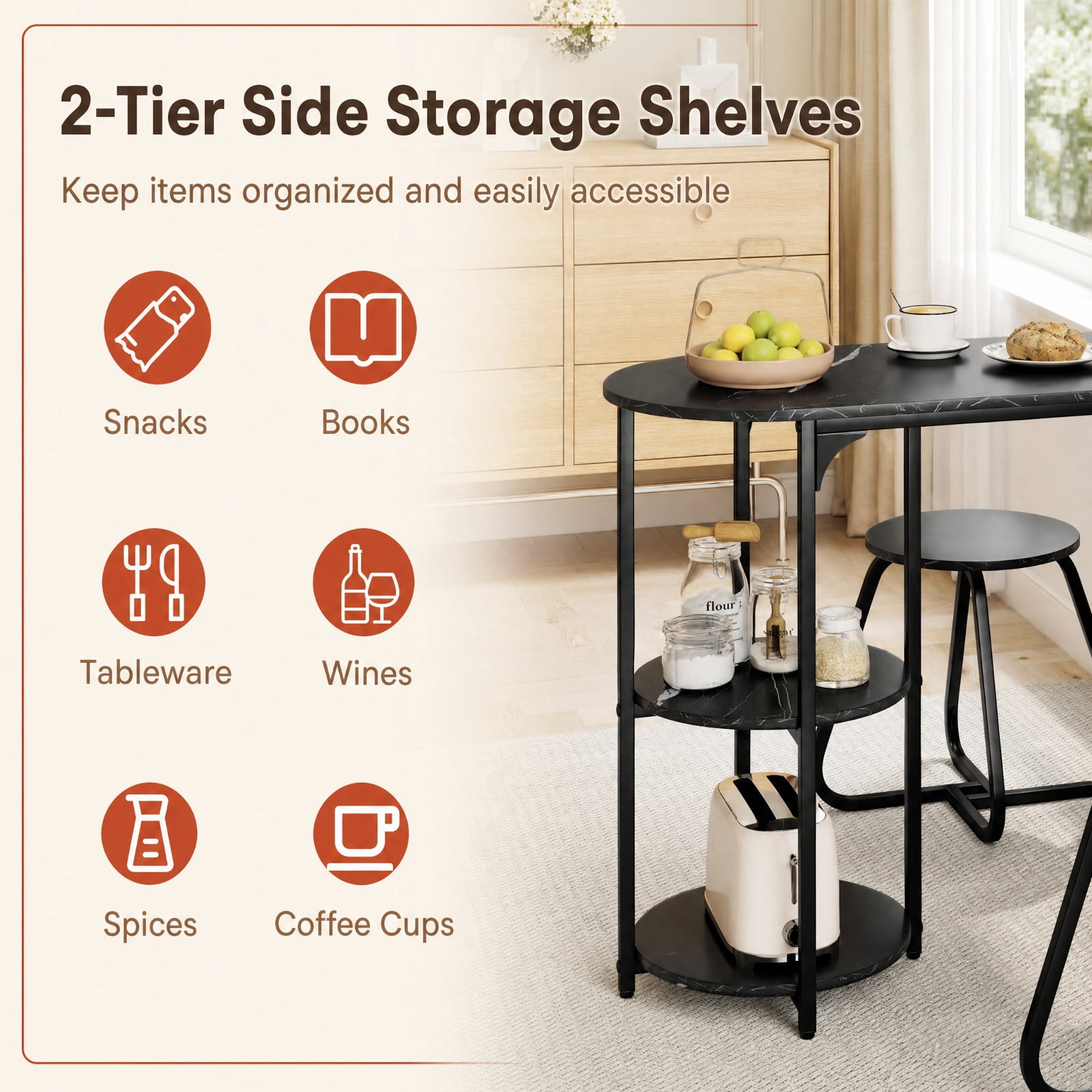 Furnibear 3 Piece Industrial Dining Table Set for Small Space with 2 Stools and Side Shelves for Kitchen and Apartment, Black