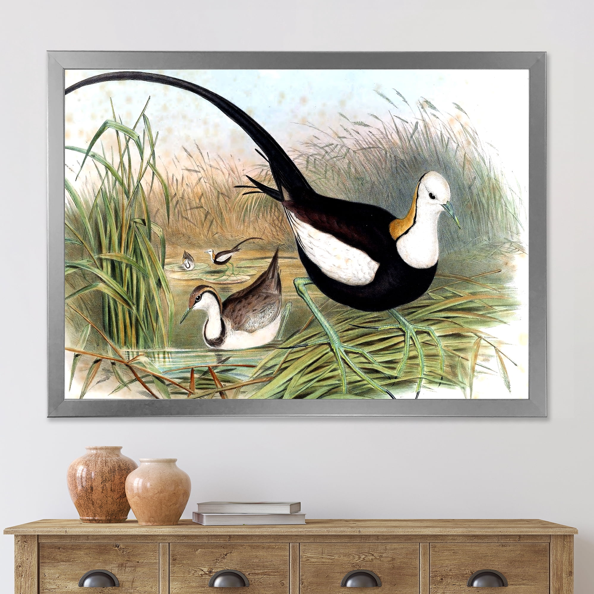 Designart 'Vintage Countryside Birds In Lake' Farmhouse Framed Art Print