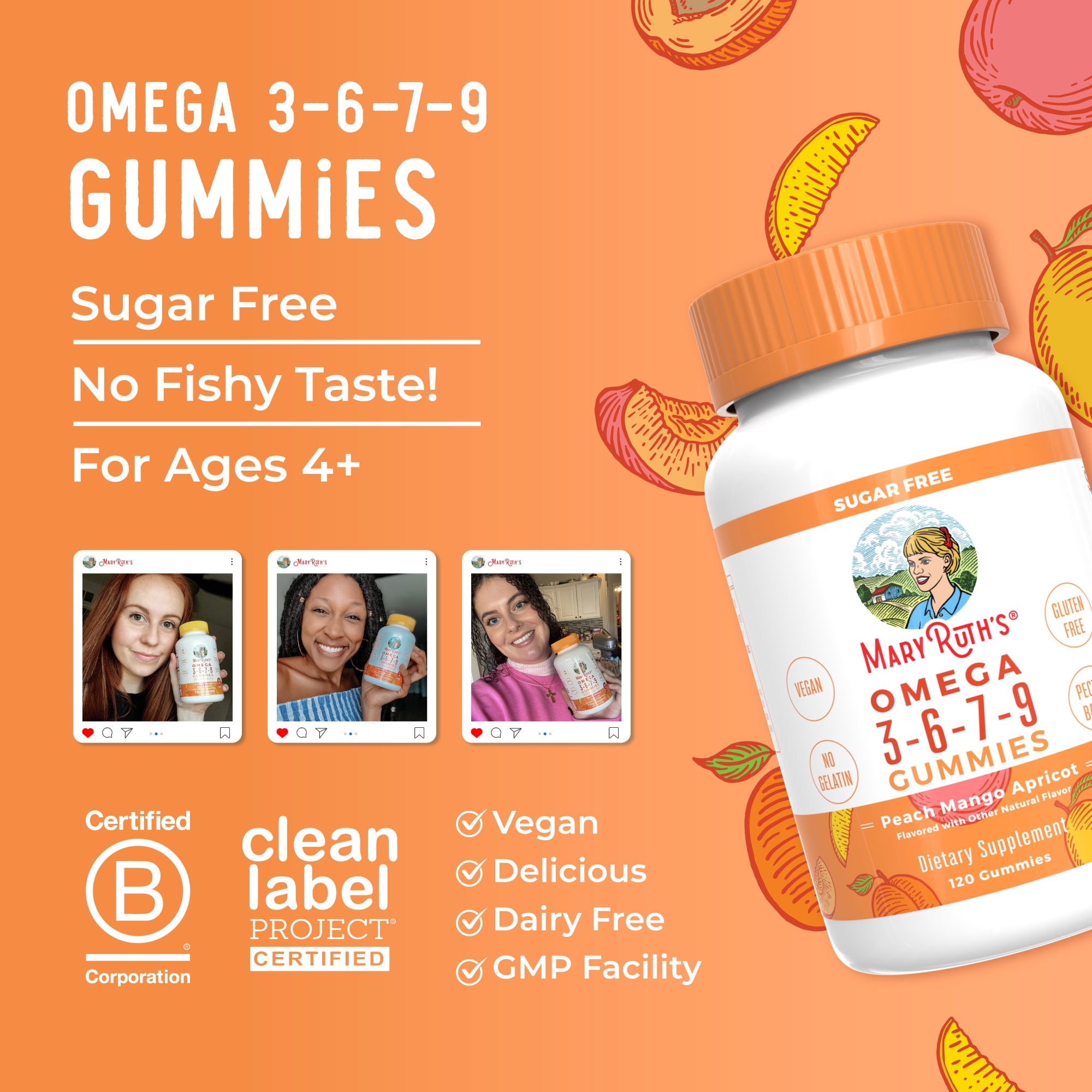 MaryRuth's Omega 3-6-7-9 Dietary Supplements, Vegan, Gluten-Free, Dairy-Free Gummies, 120 Count