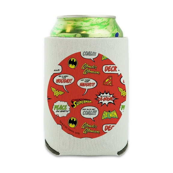 Justice League Holiday Speech Bubbles Pattern Can Cooler - Drink Sleeve Hugger Collapsible Insulator - Beverage Insulated Holder