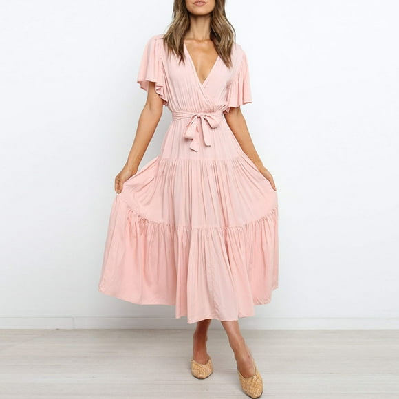 LOVZFMLL Women Solid Short Sleeve Loose Ruffles Lacing Dress Pink L