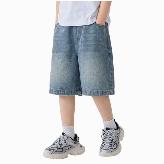 Leey-World Boys Baggy Jean Shorts Loose Fit Vintage Wide Leg Jorts Y2K Streetwear Hip Hop Casual Long Denim Shorts Teen Summer Clothes(Blue,13-14 Years)