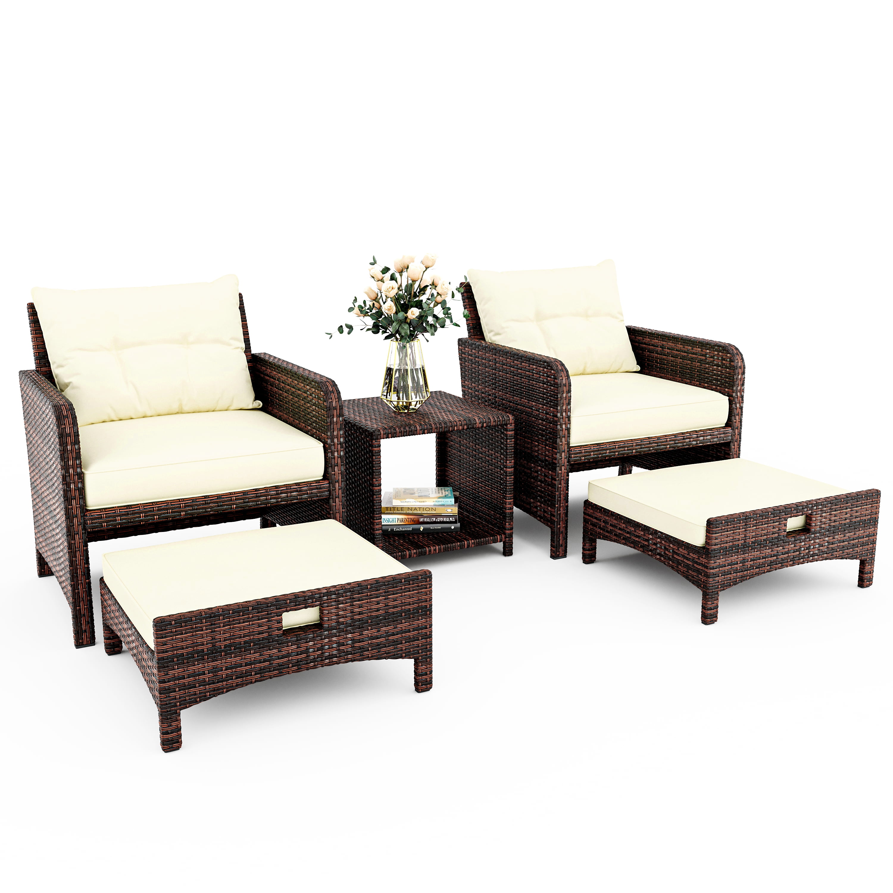 PAMAPIC 5 Pieces Wicker Patio Furniture Set Outdoor Patio Chairs with Ottomans (Beige)