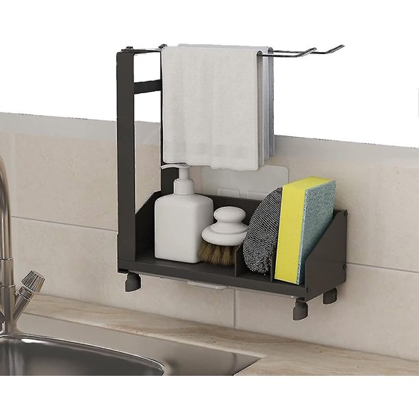 Soporte para esponja para fregadero, soporte para esponja con ventosa, almacenamiento para fregadero con toallero, bandeja extraíble, encimera adhesiva, soporte para esponja de acero inoxidable, óxido