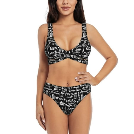 Zeuib Pasta Bacon High Waisted Tummy Control Bikini Set - Knot Front Push Up Top & Cheeky Thong Bottom  Two-Piece Swimsuit for Women-X-Large