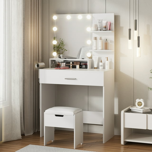 Vabches Makeup Vanity Table with Lighted Mirror & Power Strip, White Vanity Set with Large Storage, 3 Lighting Modes, 31.5 inch, White