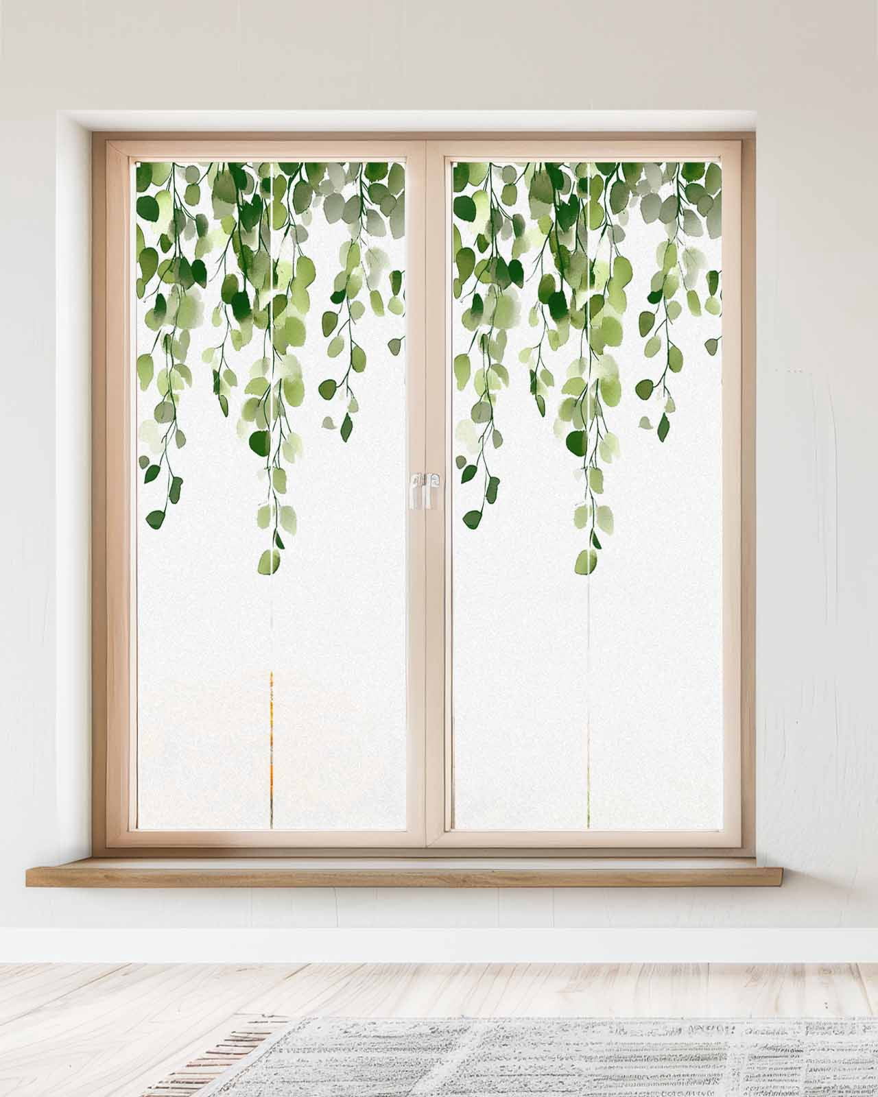 Window Privacy Film Green Eucalyptus Leaves Stained Glass Window Film Decorative Sun Block Window Cover Summer Watercolor Leaf Window Clings Static Adhesive Sticker for Bathroom 23.6"x59"