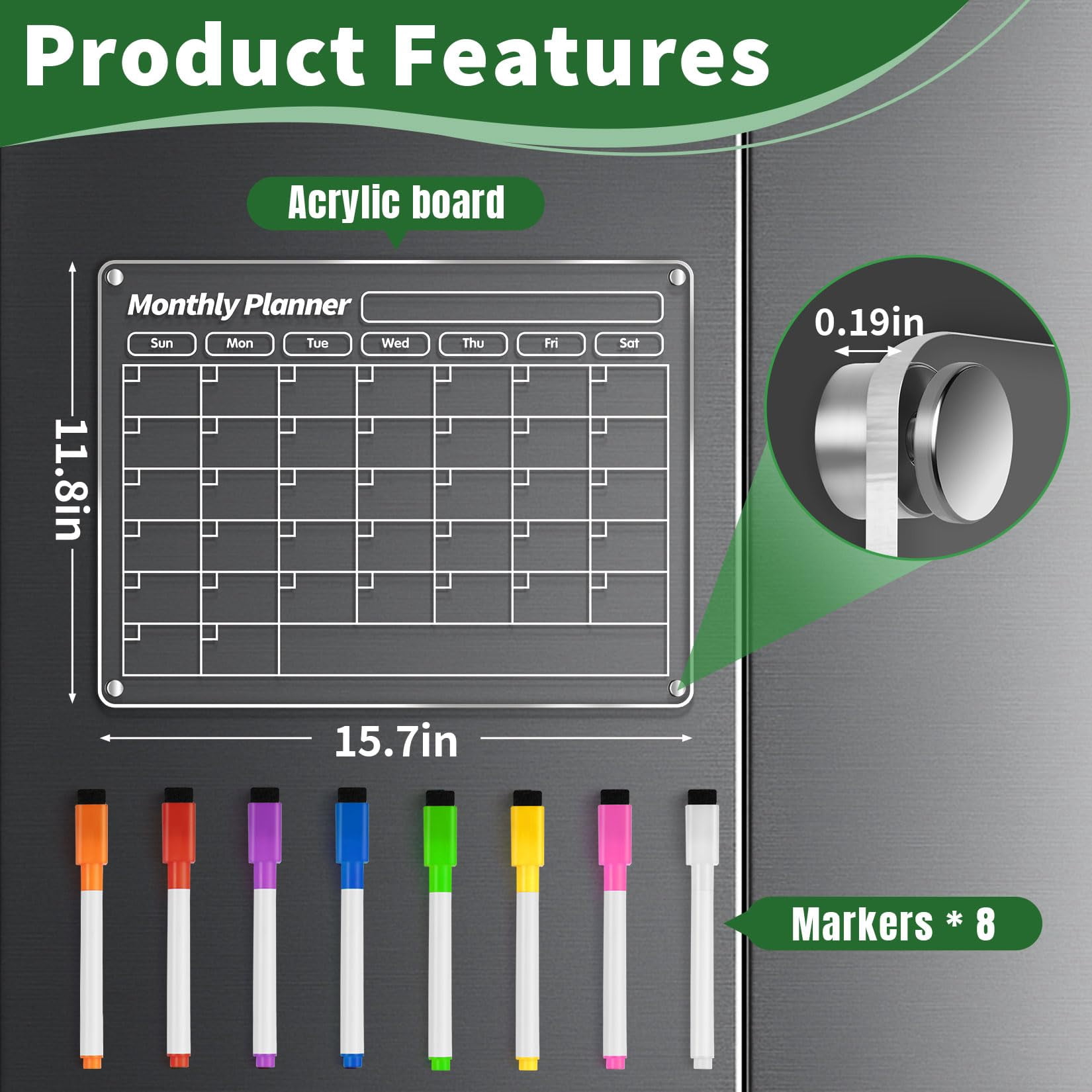 Dry Erase Magnetic Calendar For Fridge  16"x12" Refrigerator Clear Monthly And Weekly Meal Planner Chore Chart With 8 Colors Markers
