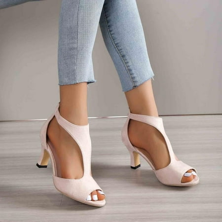 

XWQYRG Women s Fashionable Chunky Heel Shoes - Peep Toe T-Strap High Heel Sandals with Back Zipper
