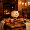 thumbnail image 5 of Halloween Lamp Indoor Tabletop Decorations, LED Lighted Wooden Pumpkin with Vintage Pedestal Stand and Rope Bow, 8.7 Inch Rustic Halloween Decor for Home Mantel Entryway, 5 of 6