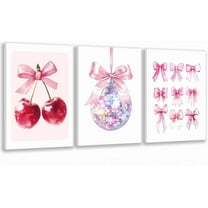 Hieng Pink Coquette Bow Trendy Preppy Wall Art Prints, Coquette Room Decor, Preppy Room Dorm Decor Aesthetic, Pink Bow Cherry Disco Ball Wall Decor Posters for Girls Bedroom（Only canvas）