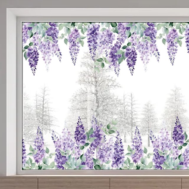Pegatinas para ventana de glicina de 15 x 46 pulgadas, grandes flores moradas colgantes, calcomanía de vidrio, no adhesivas, anticolisión, estáticas.