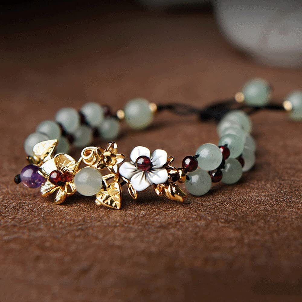 Hand Braided Flowers Bracelets Amulet Natural Jade Beads Bracelets Bangle Women