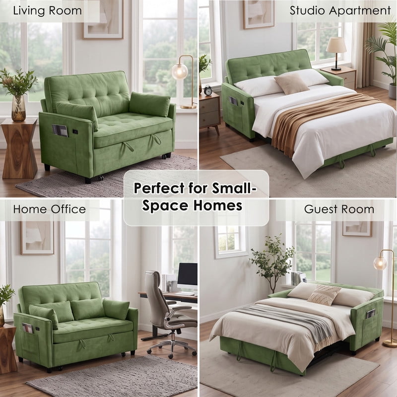 Anpport 54" 3‑in‑1 Convertible Sofa Bed, Towel Fabric, 3‑Position Adjustable Backrest with USB Charging Ports, for Living Room, Apartment, Green