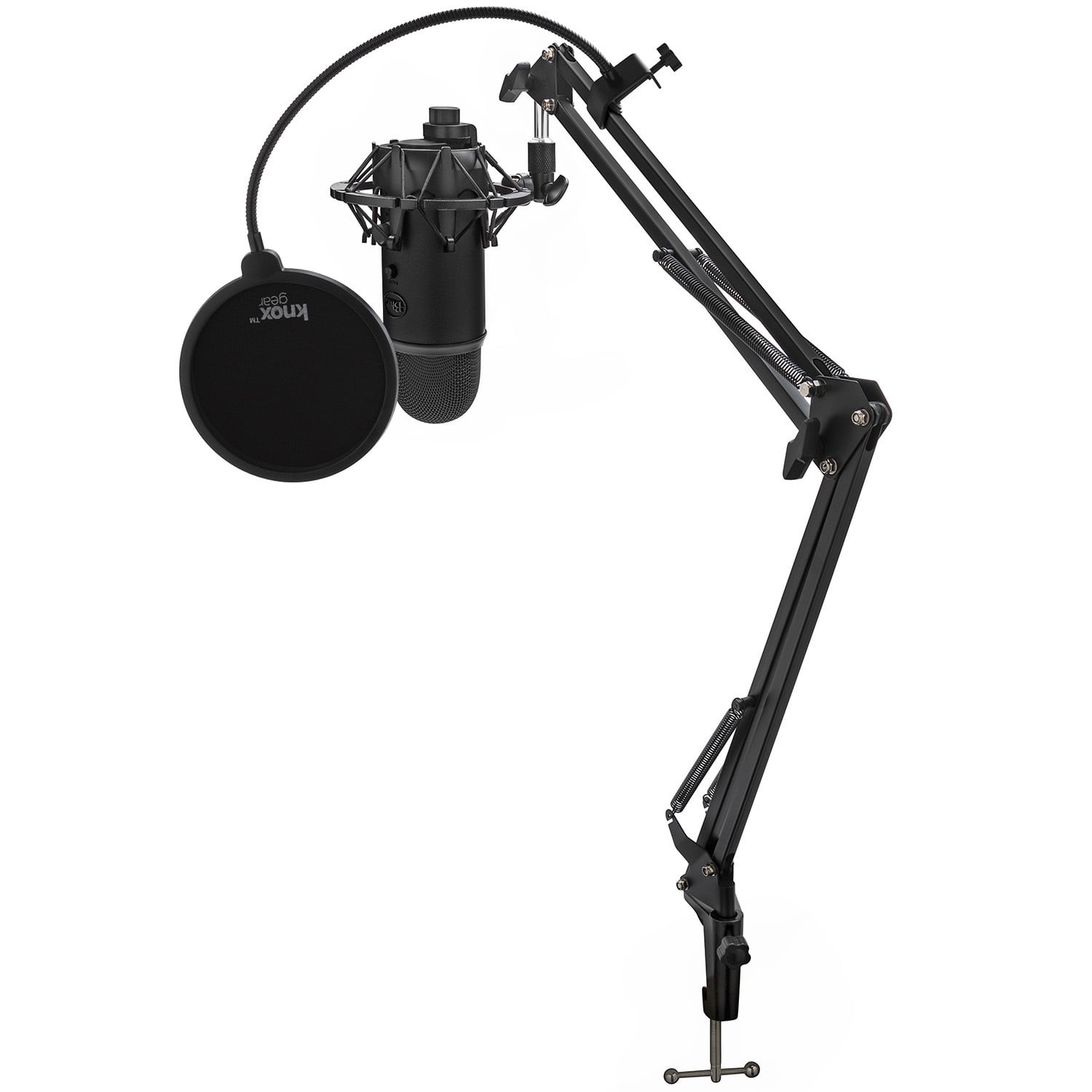 Blue Yeti Microphone (Blackout) with Knox Boom Arm Stand, Pop Filter and  Shock Mount Bundle, USB