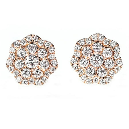 Cluster 1 Carat Round Brilliant Real Diamond Stud Earrings in 14k Rose Gold