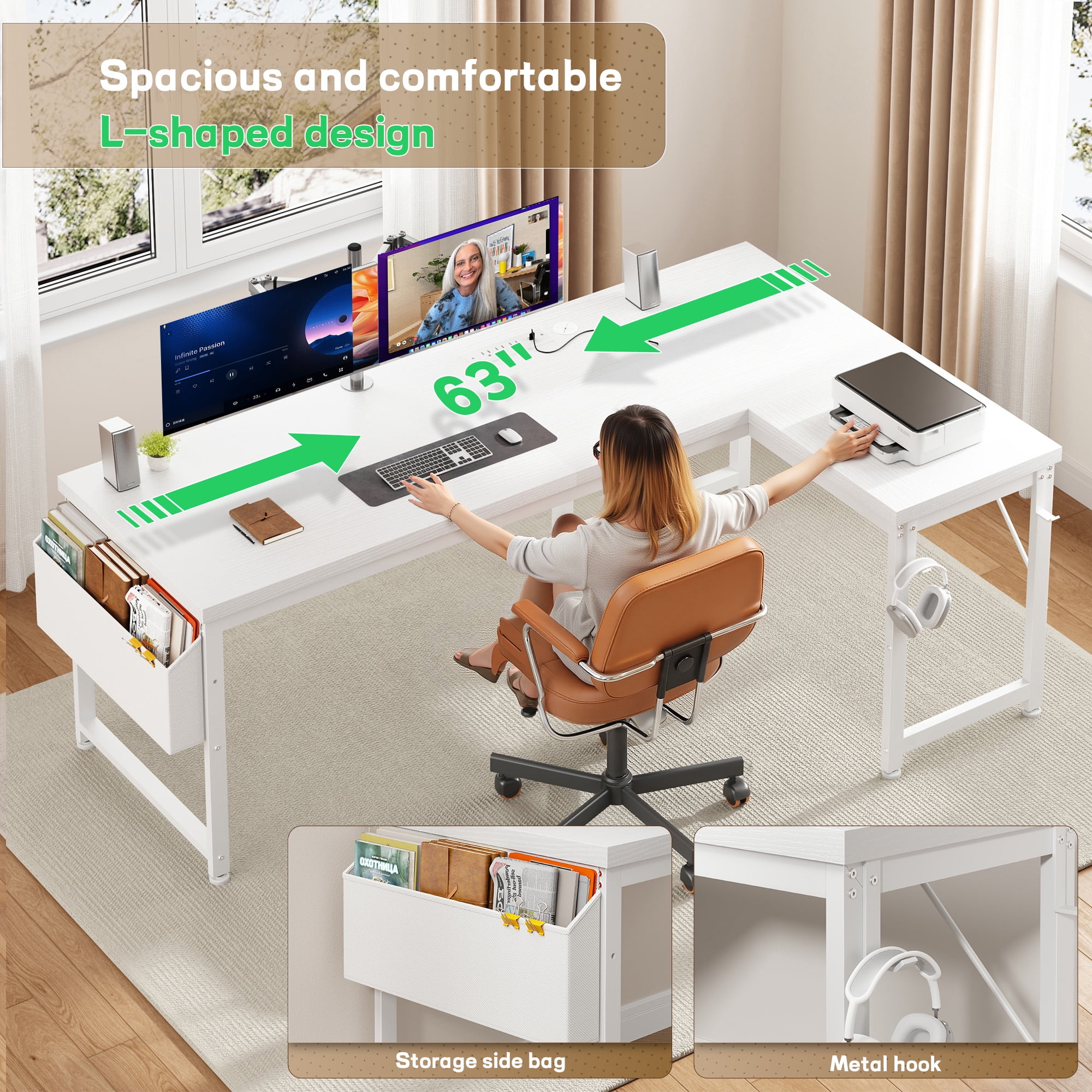EnHomee Computer Desk with Storage Reversible Gaming Desk with Outlets L-Shaped Desk with LED Lights,White