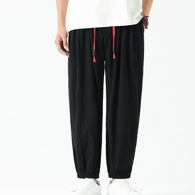 AherBiu Plus Size Mens Linen Pants Drawstring Joggers for Men Elastic Waisted Casual Loose Trousers
