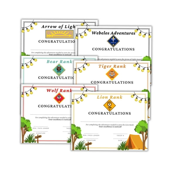 Cub Rank Certificate of Achievement Awards 30pk 8.5x11 5 of Each Scout Honor Wolf Tiger Lion Camping Leader Pack Master Badge