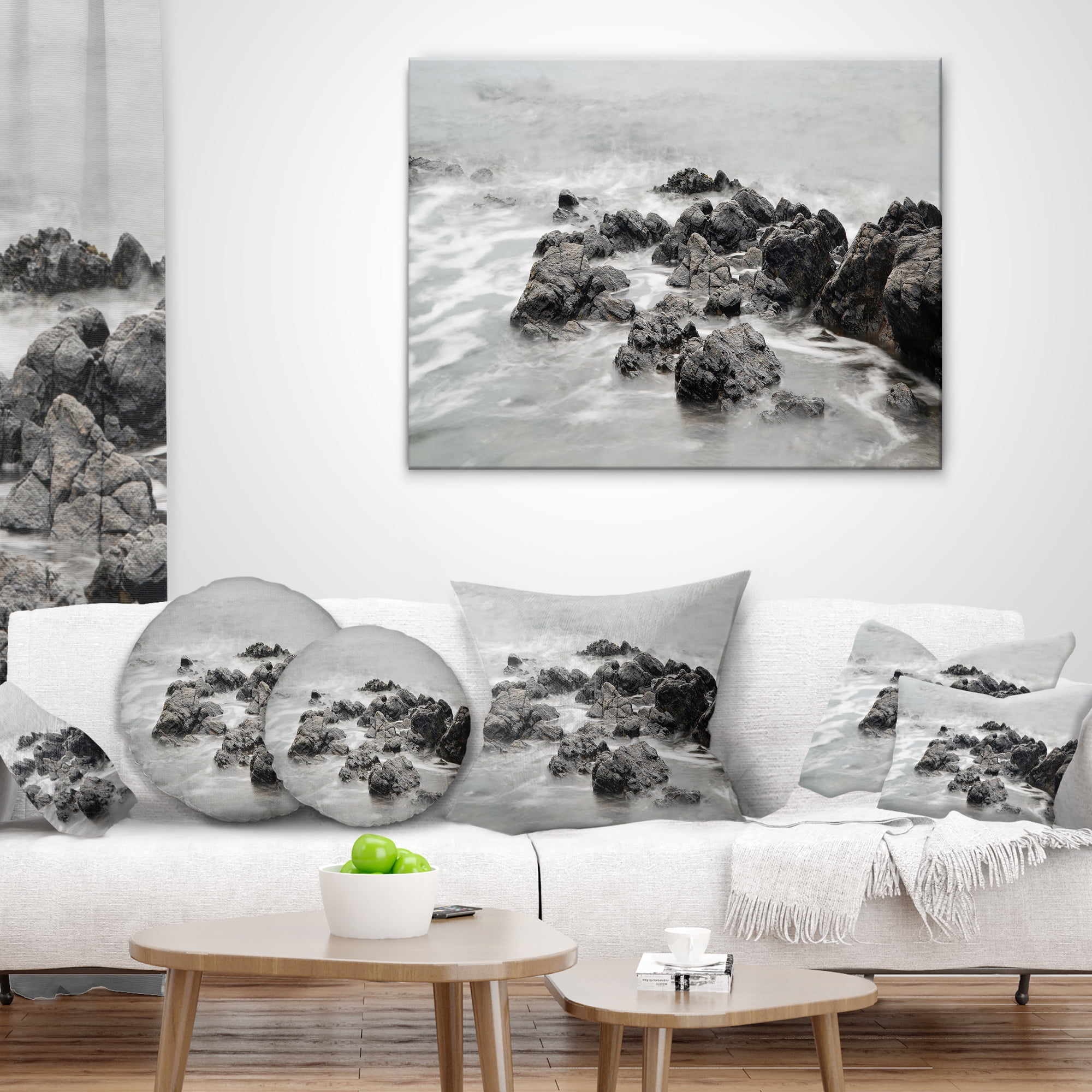 Designart Black and White Rocky Coastline - Seashore Throw Pillow - 12x20