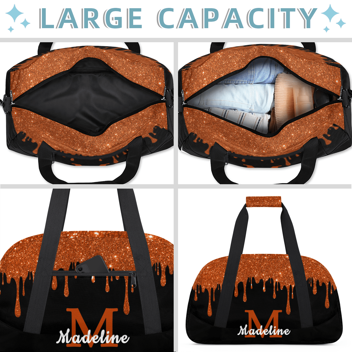 Herdesigns Personalized Sports Duffel Bag with Name Custom Weekender Overnight Bag Gym Bag Travel Dance Gymnastics Duffel Bag, Orange