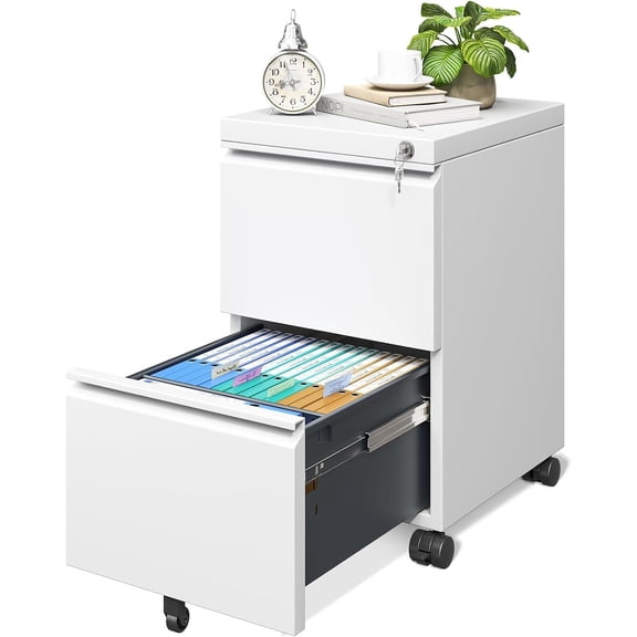 2 Drawer File Cabinet, Fully Assembled Locking Full Steel Filing Cabinet, 150LBS Capacity, Quiet Slides, Anti-Tipping Wheels, Fits A4/Letter/Legal, for Home Office, Matte White