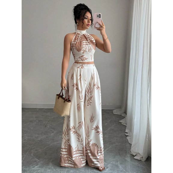 Women's Botanical Halter Crop Top and Wide Leg Pants Set, Printed Two Piece Vacation Outfit