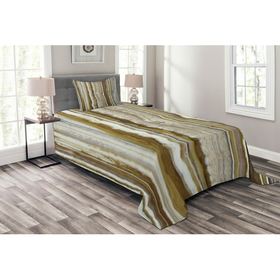 Ambesonne Marble Print Quilted Bedspread Set 2 Pcs, Marble Rock Patterns, Twin Size, Mustard Brown