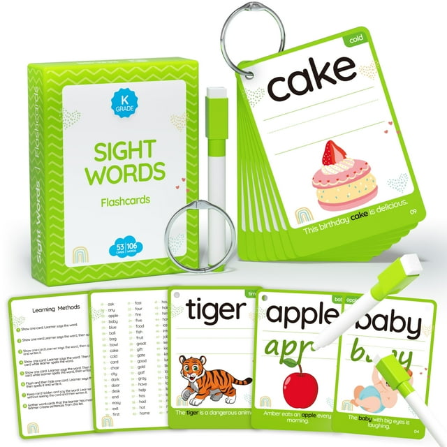 Wjpc 55 Tarjetas 106 Piezas Tarjetas Flash con Palabras Vistas de Alta Frecuencia (Jardín de Infantes) Tarjetas Flash para niños de 4, 5, 6 y 7 años. Aprender a leer escribir oraciones