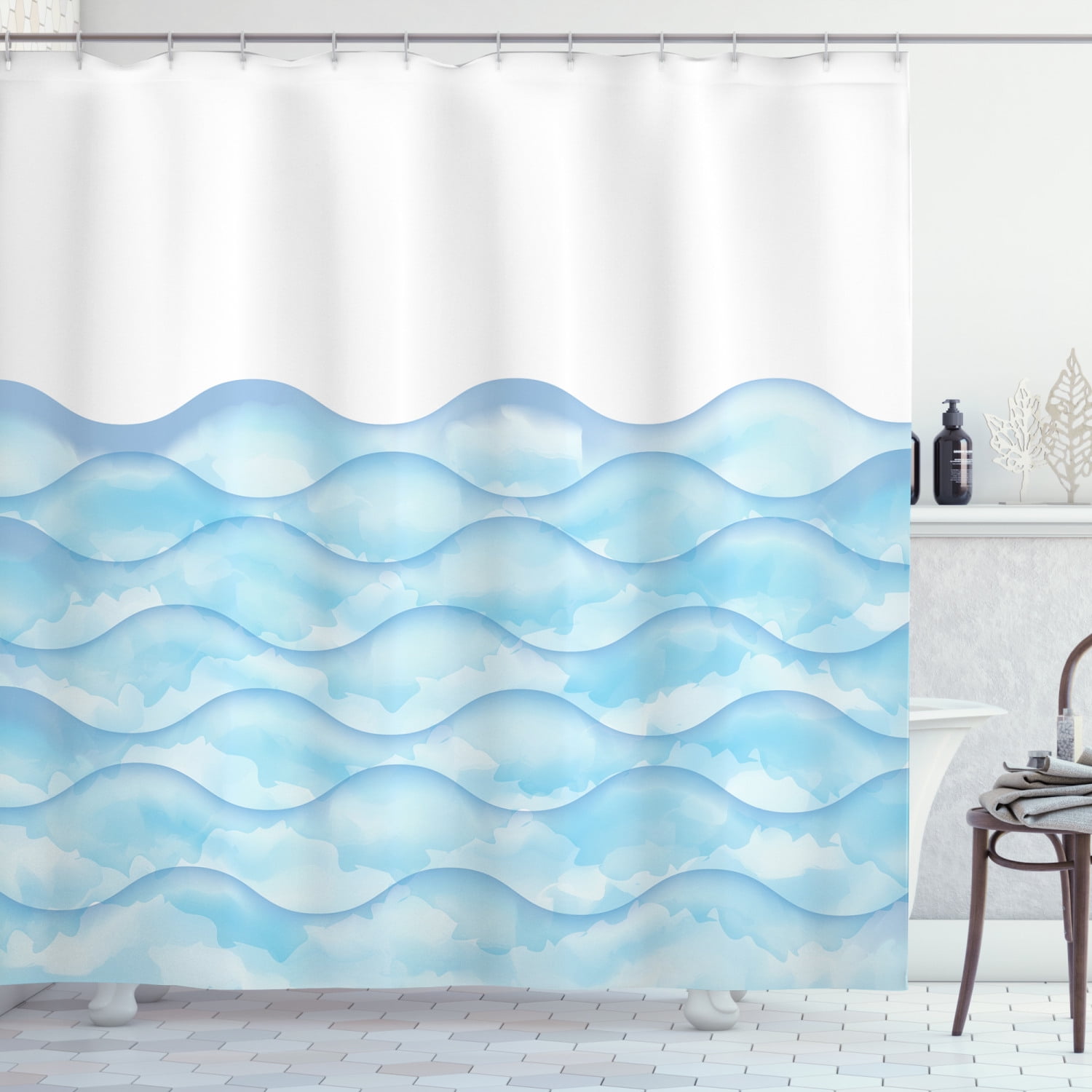 House Decor Shower Curtain Set, Sea Waves Illustration With Dynamic