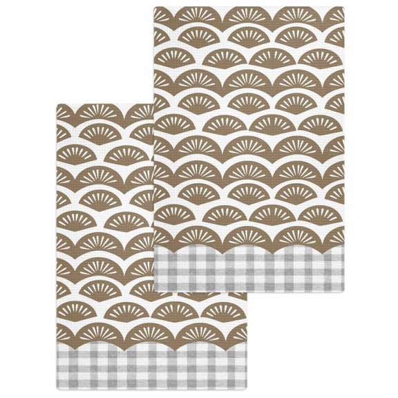 Brown Pine Leaves Kitchen Dish Towels for Drying Dishes Set of 2, Abstract Art Geometric Gray Plaid Waffle Weave Microfiber Hand Tea Bathroom Towels Quick Dry & Absorbent Towel 15.7x23.6