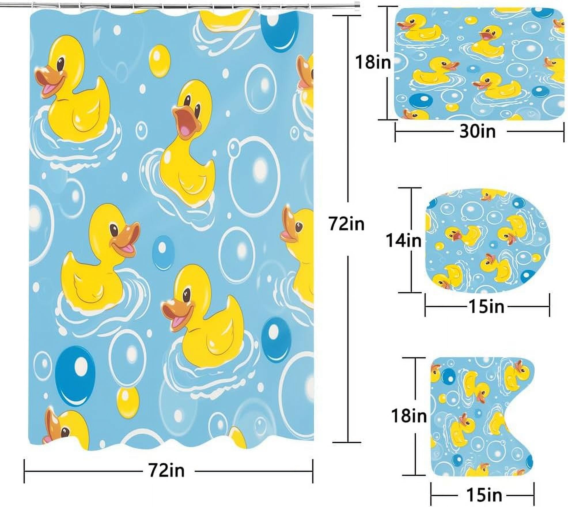 4 Pcs Funny Rubber Duck Shower Curtain Set Bathroom Sets with Waterproof Fabric Shower Curtain and Non-Slip Rugs Toilet Lid Cover Bath Mat Decor with Hooks(72x72 Inch)