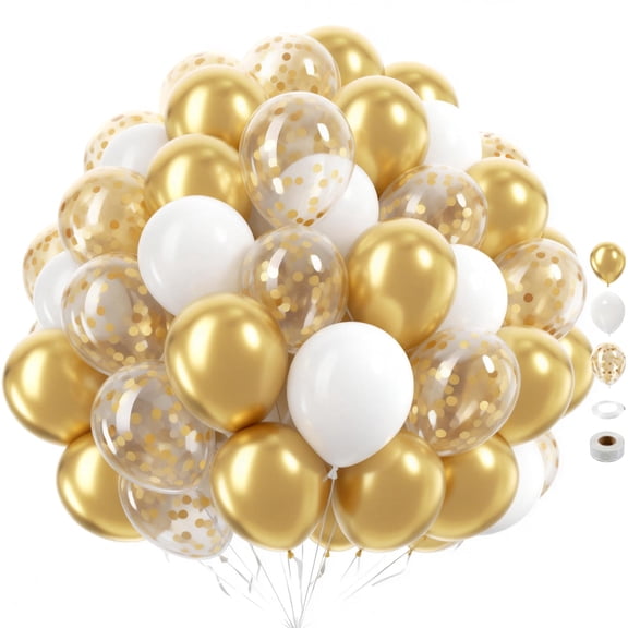 White and Gold Confetti Latex Balloons, 60 Pack 12 inch gold and white Balloons with Ribbons for Birthday Graduation Wedding Bridal Shower Party Decorations