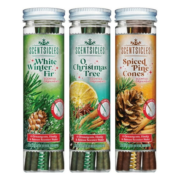 Scentsicles White Winter Fir, O Christmas Tree and Spiced Pine Cones Christmas Tree Ornaments 3 Pack, 6 Sticks and Hooks per Bottle