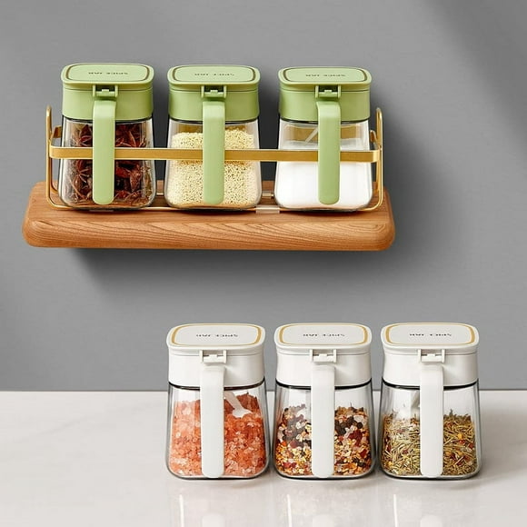 Condiment Jar Spice Container+Lids & Spoons,Clear Glass Condiment Canisters Pots Seasoning Box Salt Container Green