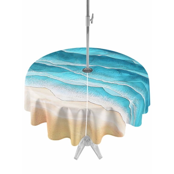 Outdoor Tablecloth with Umbrella Hole for Patio/Picnic/Party/Camping, Teal Blue Beach Coastal Waterproof Table Cloth Round Cover Washable, Summer Nautical Seaside Ocean Ombre (Dia 54")