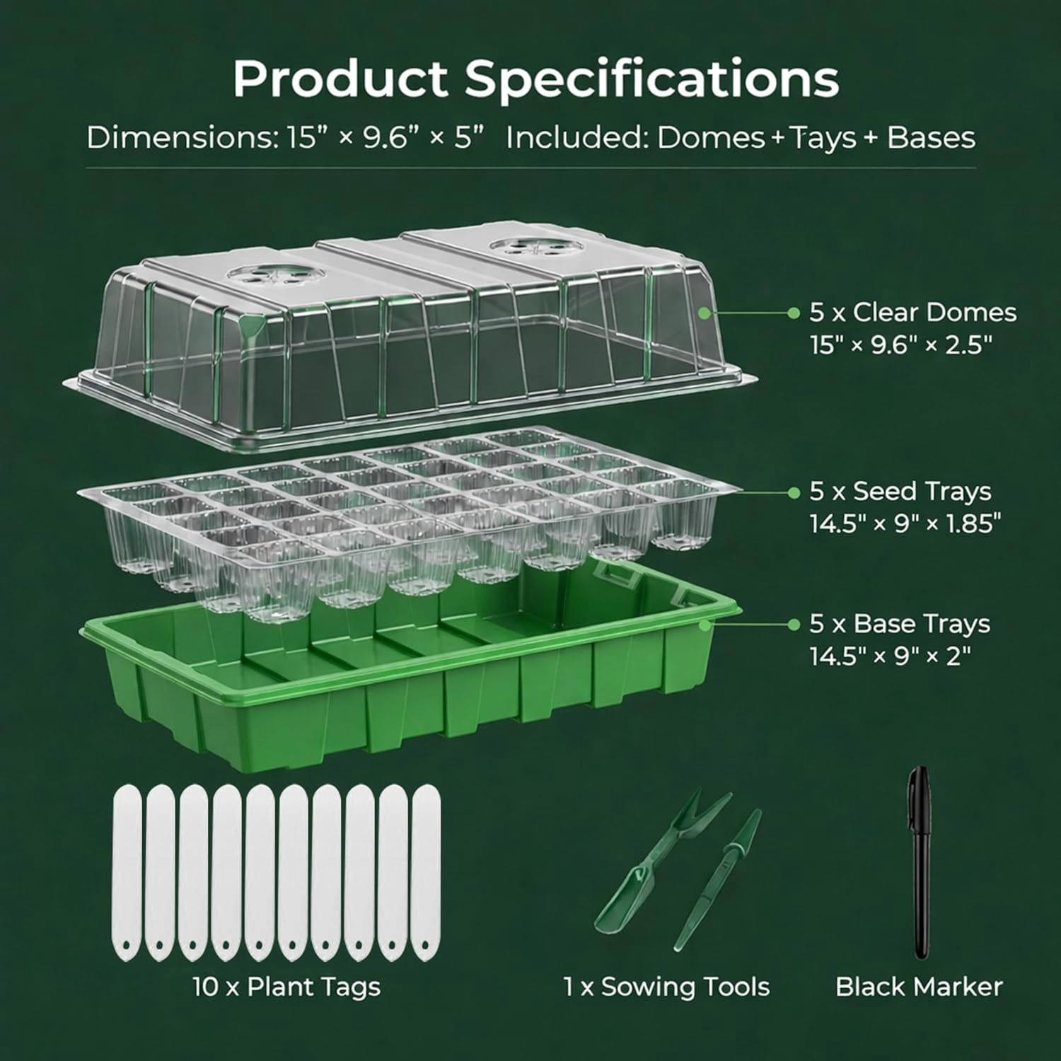 5 Pack BPA Free Seed Starter Tray Kit, 40 Cell Reusable Seedling Trays with Humidity Vented Domes and Base