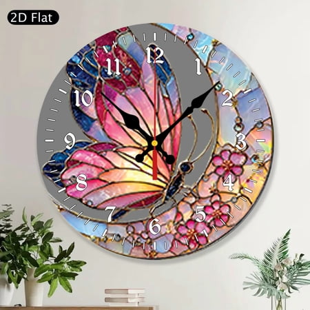 MDF Wood Round Wall Clock, Celestial Butterfly Faux Pink Floral Moon Art for Fairycore Cottagecore Decor, Nature Lovers